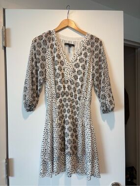 White House Black Market Cream and Black Printed V-Neck Smocked Waist Mini Dress